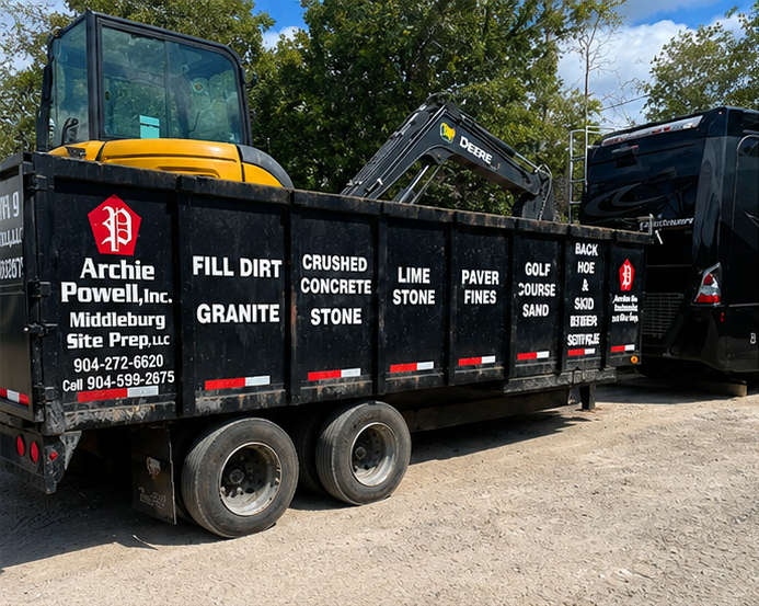 Archie Powell Inc. dump truck showing fill dirt, crushed concrete, limestone, paver fines, golf course sand and topsoil services