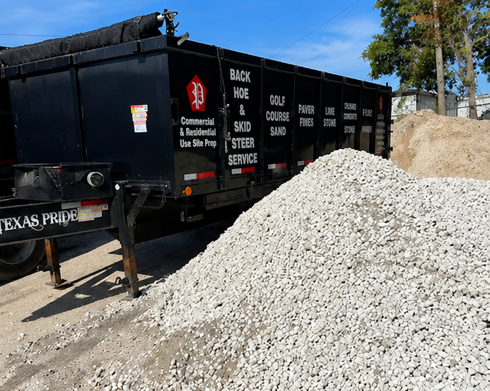 Archie Powell Inc. dump trailer beside a pile of crushed concrete or rock material